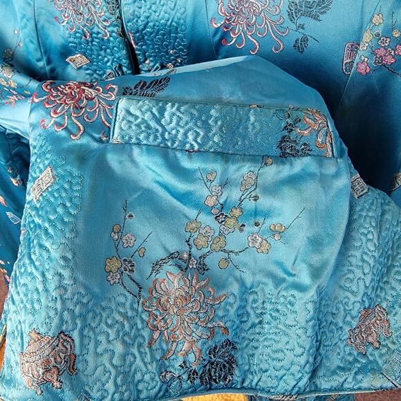Vtg Peony Chinese Silk-Like Jacket Womens Small Blue Embroidered Mandarin Collar - Picture 7 of 12
